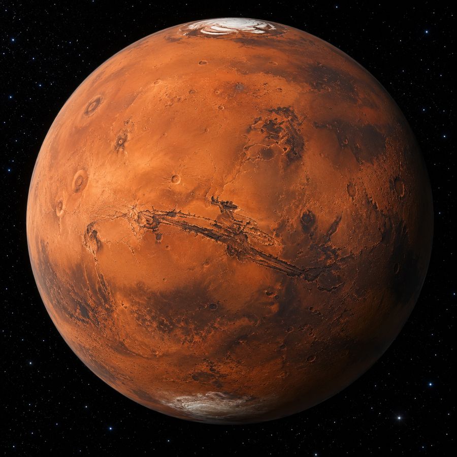 An illustration of Mars: a red-orange planet with white ice caps at its poles and a long canyon across the middle, in dark space.