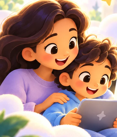 An illustration of a mother and her son smiling together at a tablet.